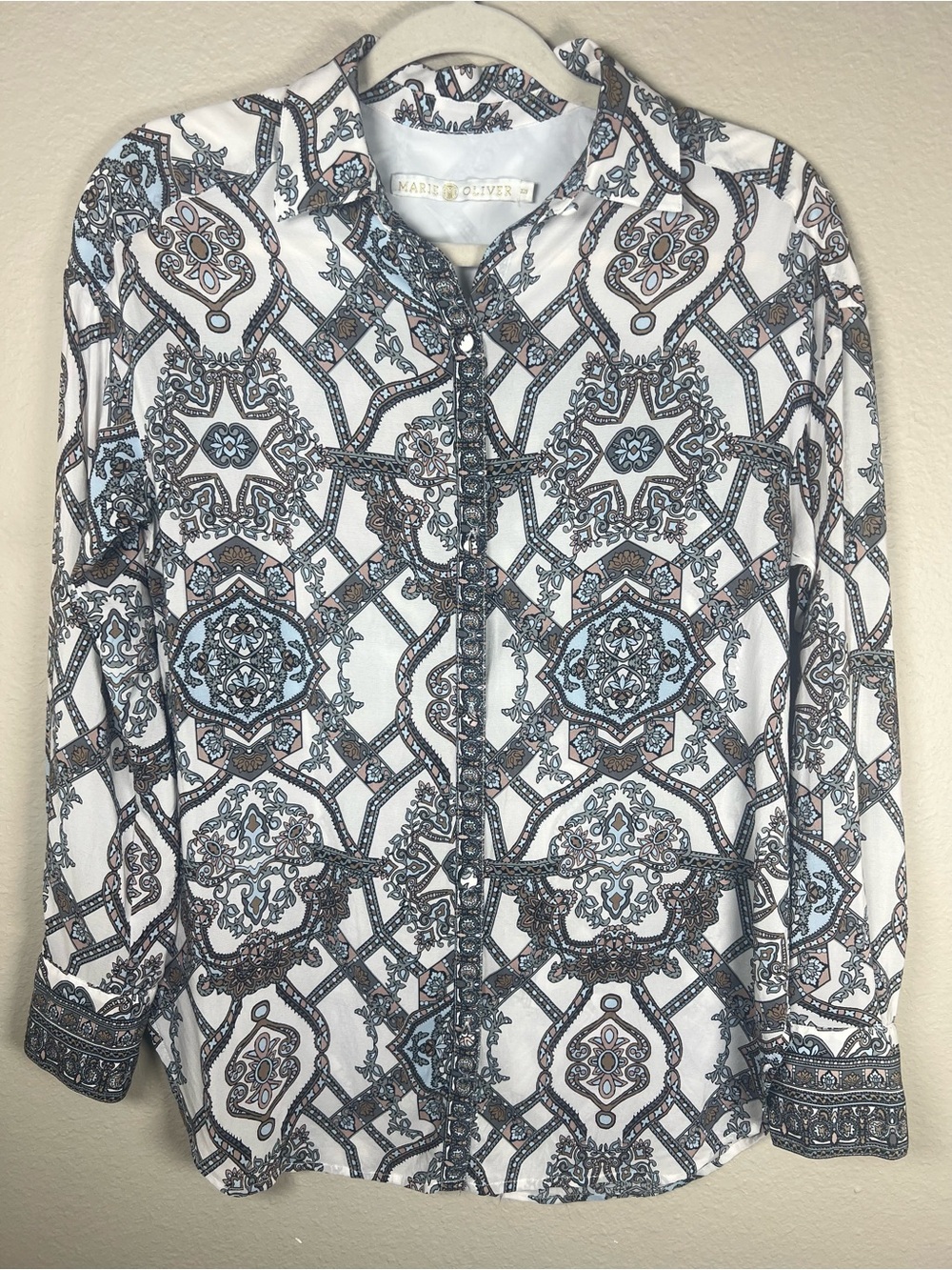 Marie Oliver 100% Silk Geometric Mosaic Tile Print Blouse Top Blue White XXS EUC